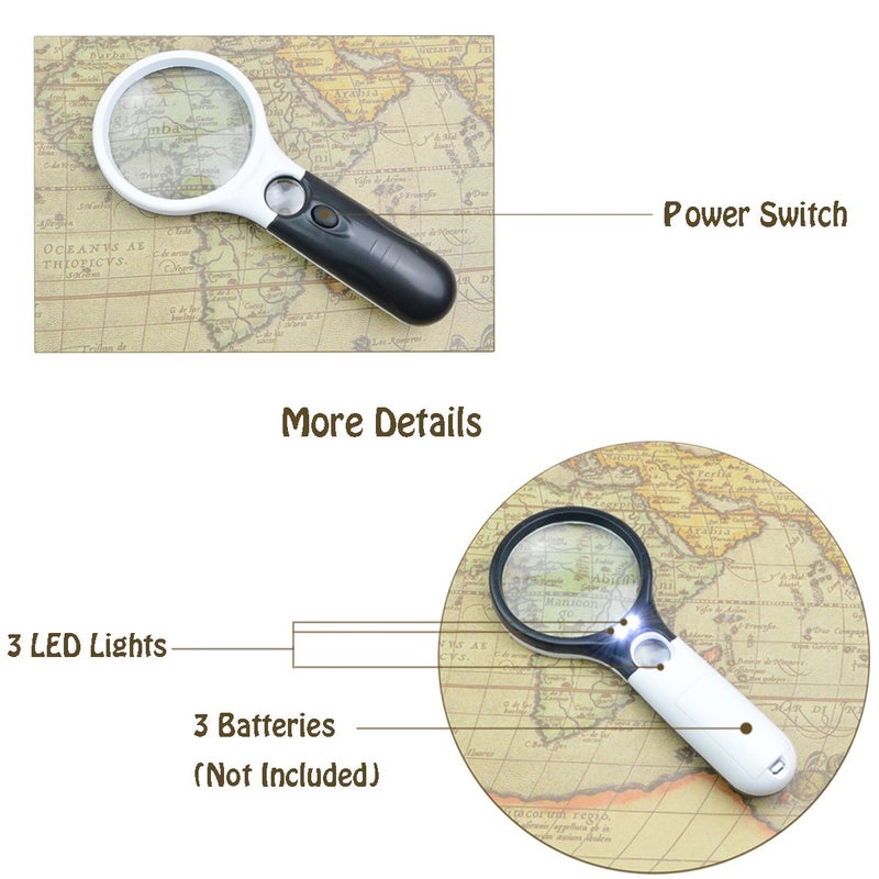 Marrywindix Magnifier 3 LED Light, Marrywindix 3X 45X Handheld Magnifier Reading Magnifying Glass Lens Jewelry Loupe White and Black - Image 2